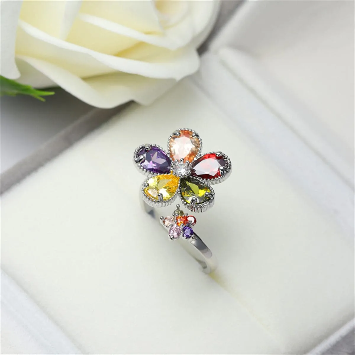 Yellow Multicolor Crystal & Cubic Zirconia Silver-Plated Flower Ring