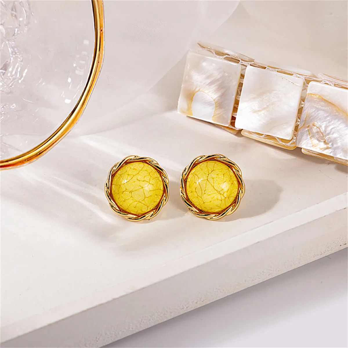 Yellow Resin & 18K Gold-Plated Twisted-Trim Round Stud Earrings