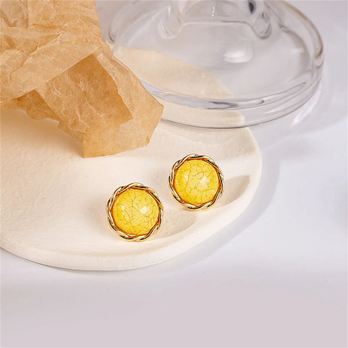 Yellow Resin & 18K Gold-Plated Twisted-Trim Round Stud Earrings