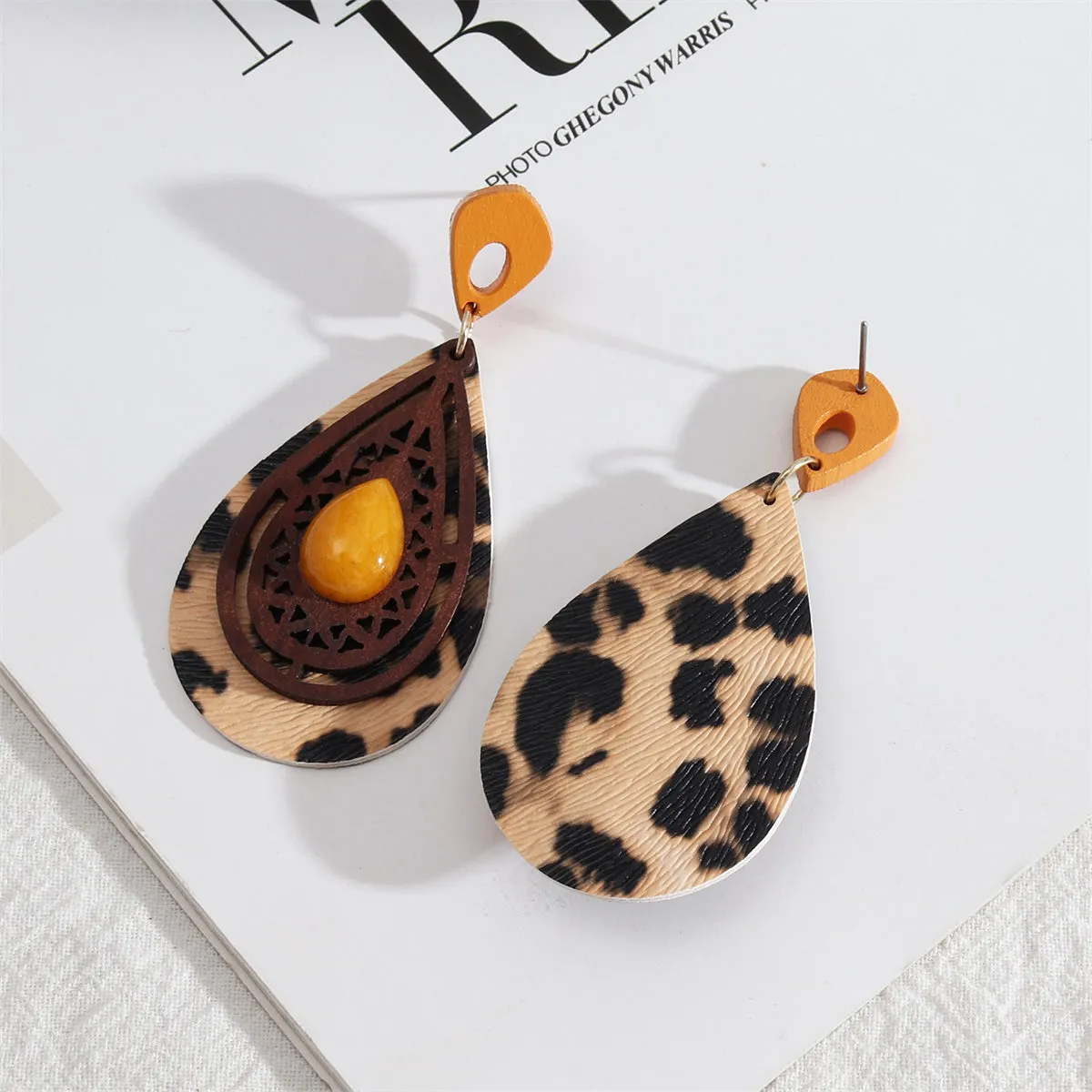 Yellow Resin & Wood Leopard Teardrop Earrings