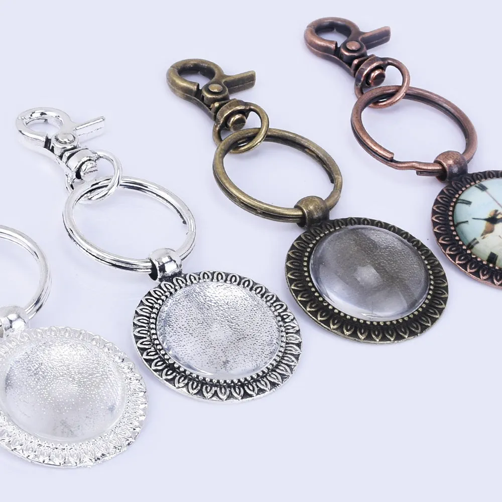 Zinc Alloy 25mm Round Sunflower Trays DIY Key Chain Pendant kits  Glass Tiles 5pcs/set