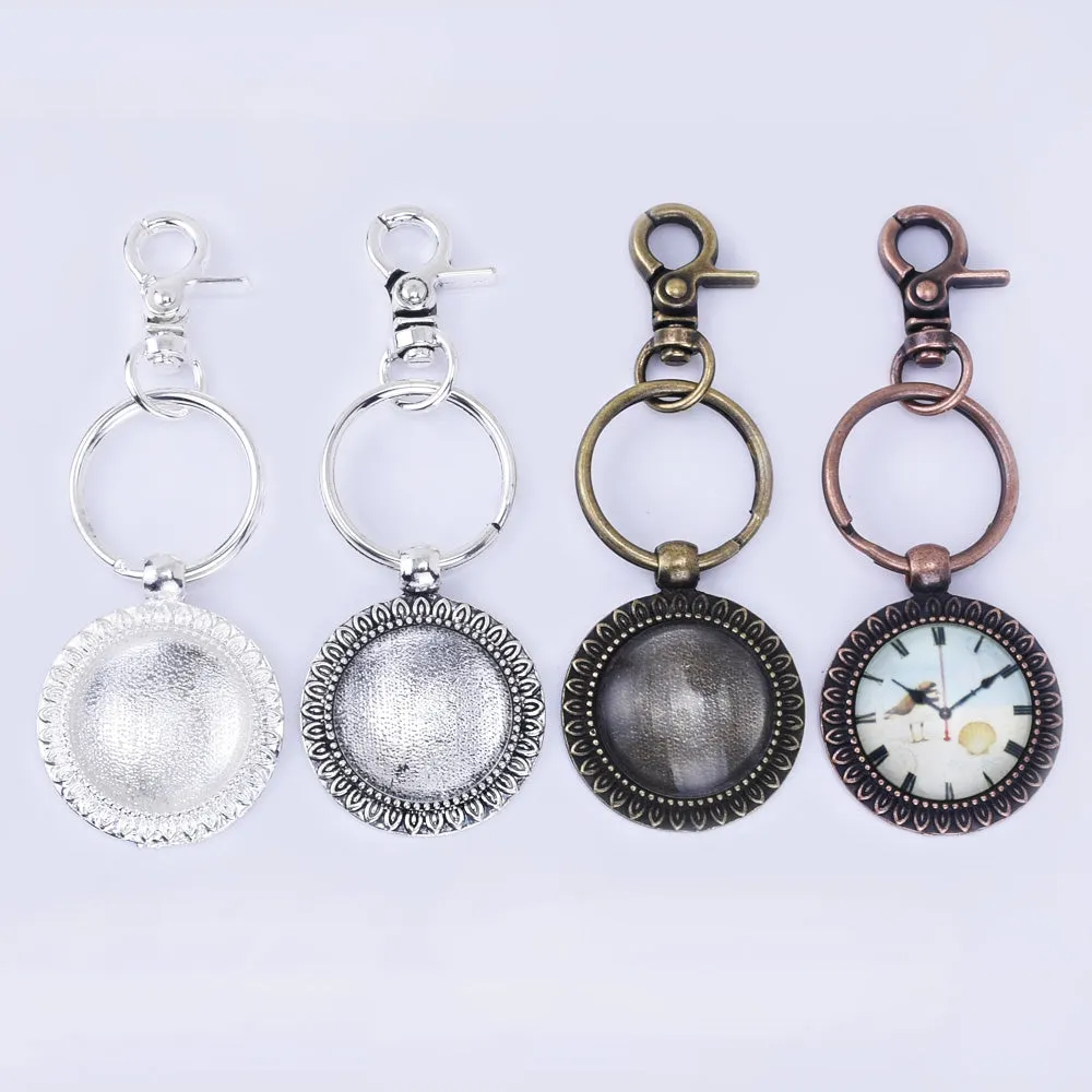 Zinc Alloy 25mm Round Sunflower Trays DIY Key Chain Pendant kits  Glass Tiles 5pcs/set