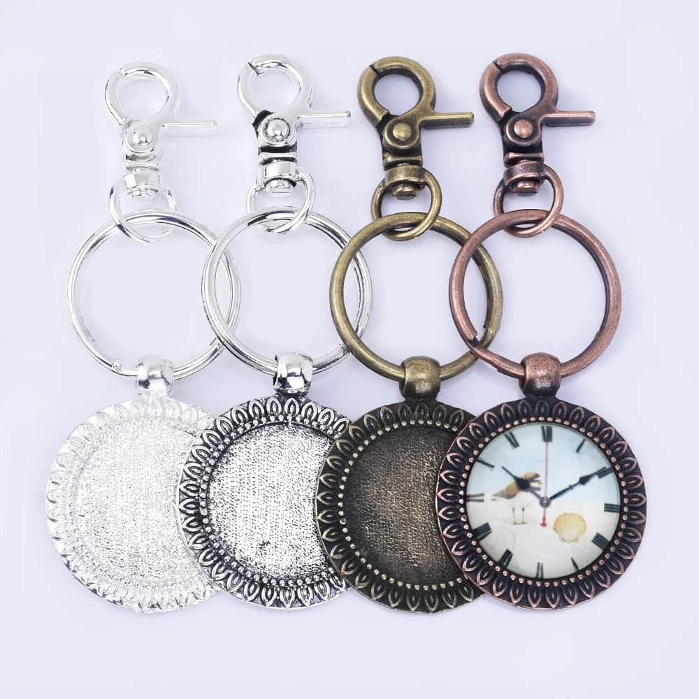 Zinc Alloy 25mm Round Sunflower Trays DIY Key Chain Pendant kits  Glass Tiles 5pcs/set