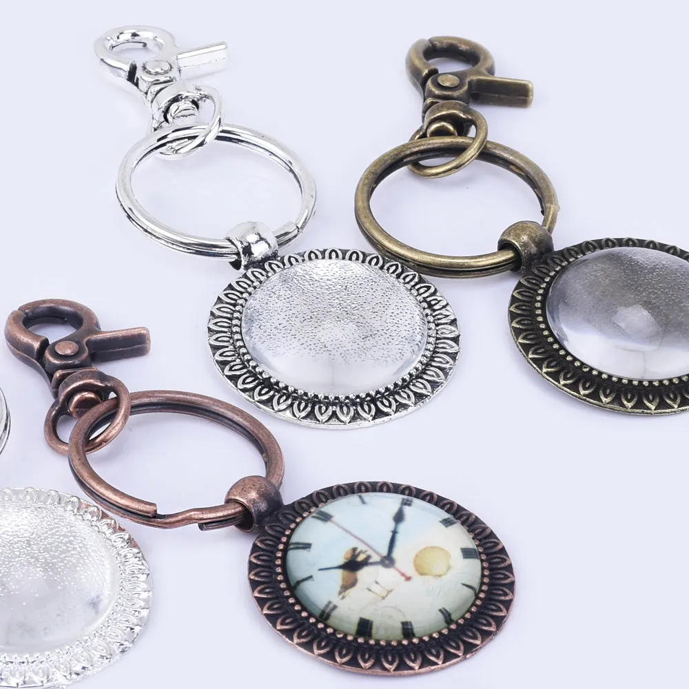 Zinc Alloy 25mm Round Sunflower Trays DIY Key Chain Pendant kits  Glass Tiles 5pcs/set