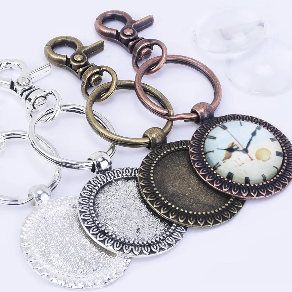 Zinc Alloy 25mm Round Sunflower Trays DIY Key Chain Pendant kits  Glass Tiles 5pcs/set